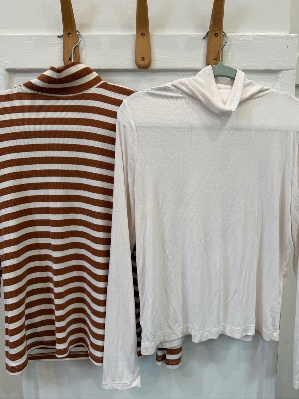 LOFT Bundle: 2 Mock Neck Long sleeve Tops, striped brown & cream and solid cream